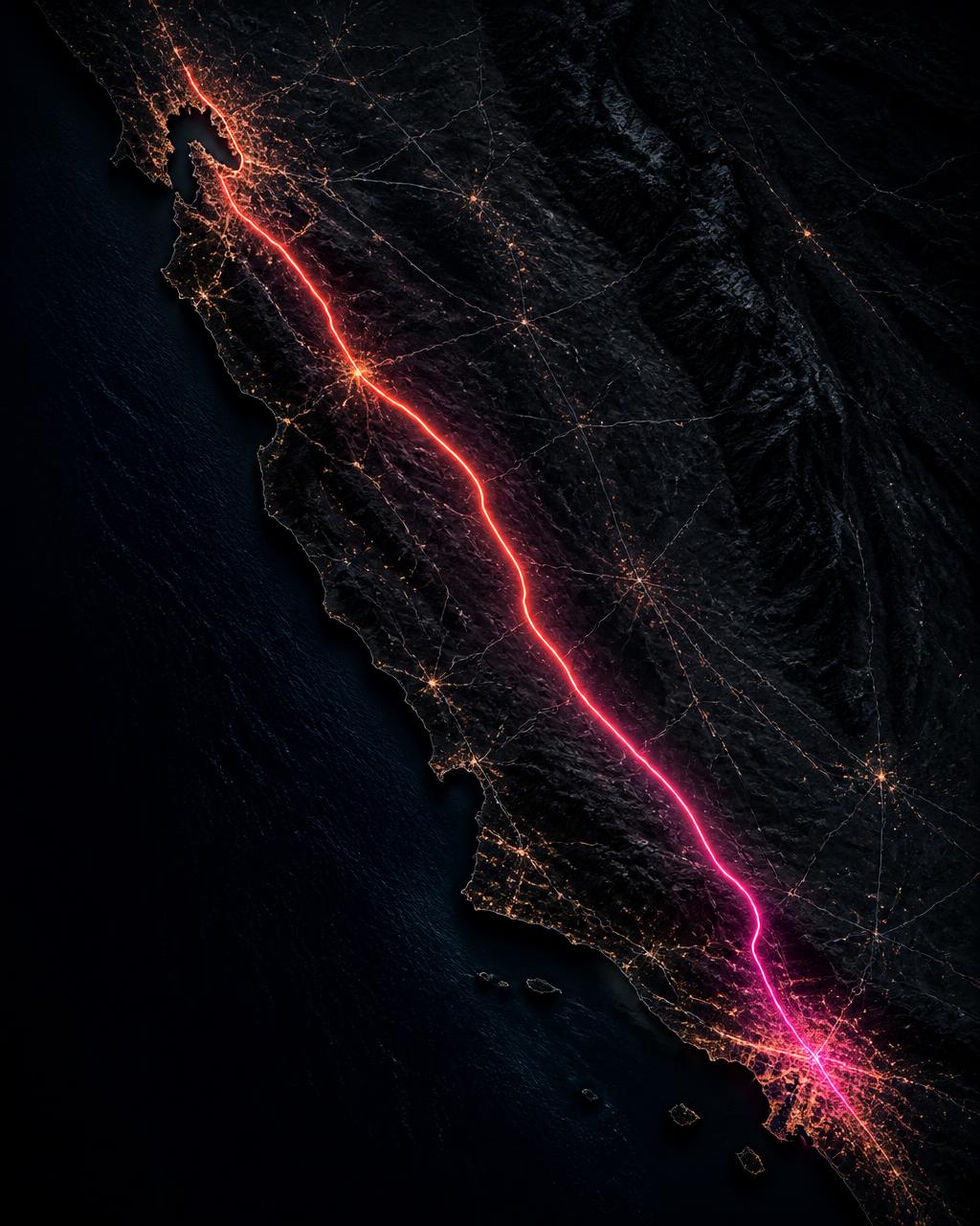 Mapa nocturno de California con la ruta de San José a Los Ángeles